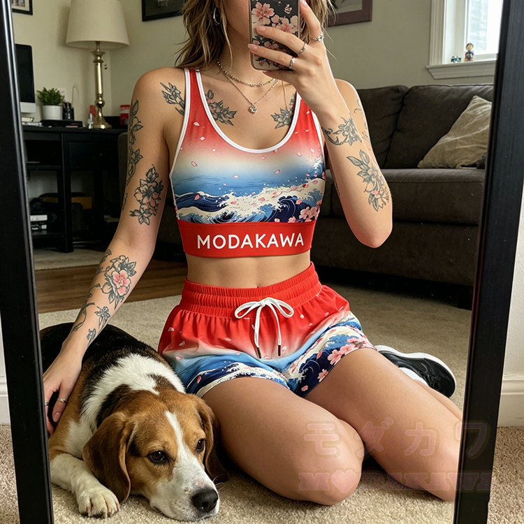 Wave Graphic Crop Tank Sport Top Skirt Bikini Modakawa Matching Outfit - image 1