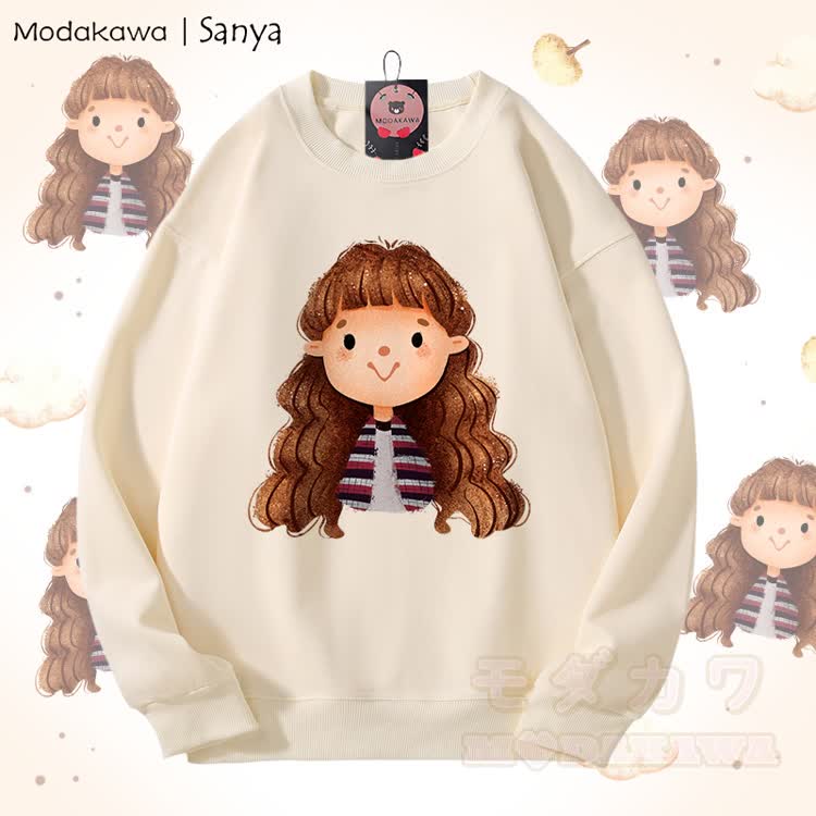 MODAKAWA X Sanya Cartoon Girl Graphic Unisex Sweatshirt - Beige - 5XL - image 2