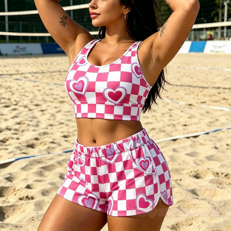 Kariertes, grafisches Crop-Top, Sport-Shorts, Bikini, Modakawa-Partnerlook - image 2