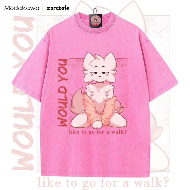 MODAKAWA X zarckets WOULD YOU Anime Fuchs Charakter Grafik Vintage Washed T-Shirt - Rose Red - 5XL - image 1