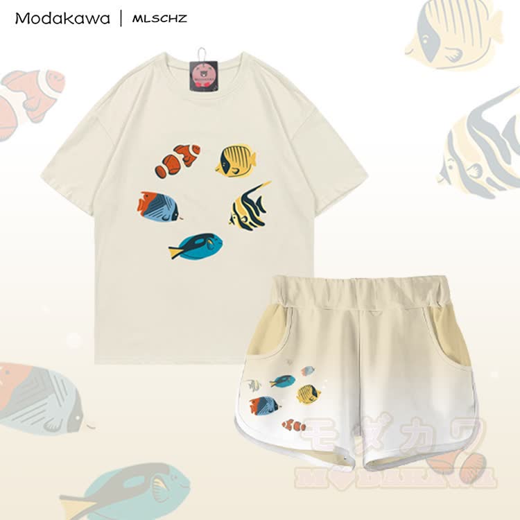 MODAKAWA X MLSCHZ Fischgrafik T-Shirt aus 100 % Baumwolle, passende Shorts mit Farbverlauf - Set in Hellbeige - 5XL - image 1