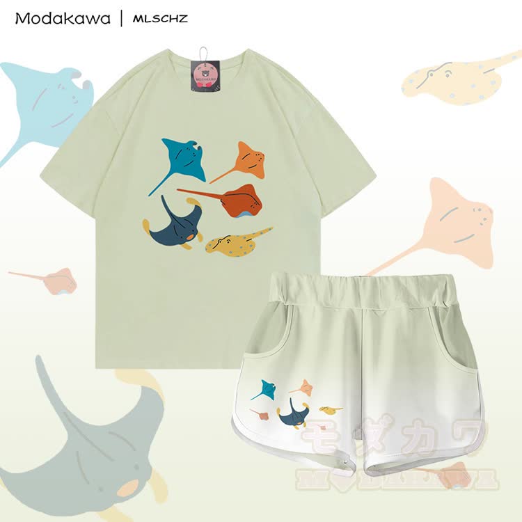 MODAKAWA X MLSCHZ Stingray Graphic 100% Baumwoll-T-Shirt, passende Shorts mit Farbverlauf - Grünes Set - 5XL - image 2