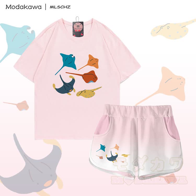 MODAKAWA X MLSCHZ Stingray Graphic 100% Baumwoll-T-Shirt, passende Shorts mit Farbverlauf - Hellrosa Set - 5XL - image 1