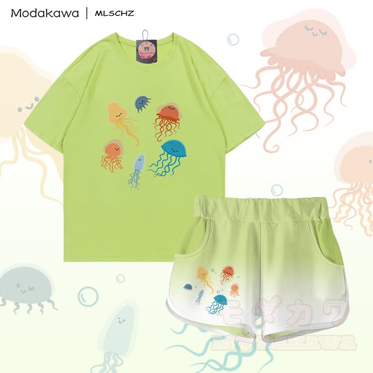 MODAKAWA X MLSCHZ Quallen-Grafik T-Shirt aus 100 % Baumwolle, passende Shorts mit Farbverlauf - Grünes Set - 5XL - image 2