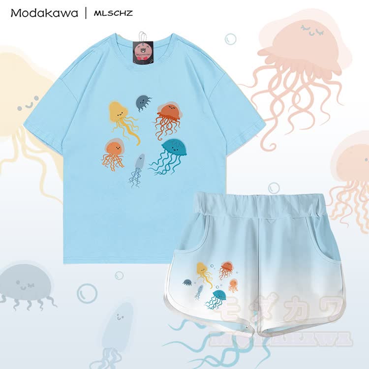 MODAKAWA X MLSCHZ Quallen-Grafik T-Shirt aus 100 % Baumwolle, passende Shorts mit Farbverlauf - Himmelblaues Set - 5XL - image 1
