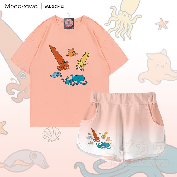 MODAKAWA X MLSCHZ Tintenfisch-Oktopus-Grafik-T-Shirt aus 100 % Baumwolle, dazu passende Shorts mit Farbverlauf - Pfirsich-Set - 5XL - image 1