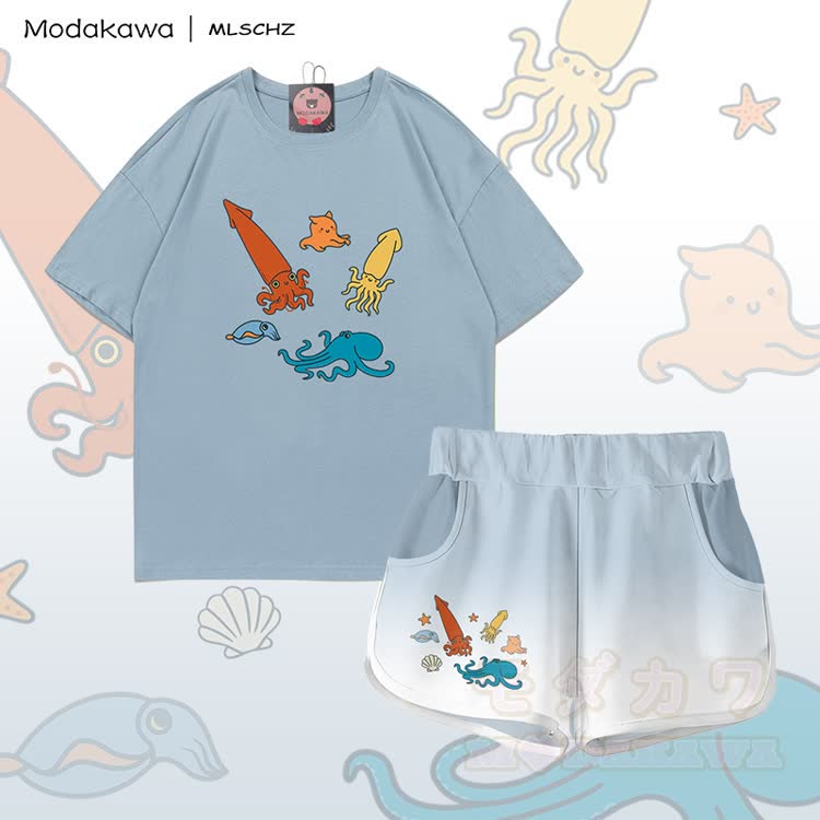 MODAKAWA X MLSCHZ Tintenfisch-Oktopus-Grafik-T-Shirt aus 100 % Baumwolle, dazu passende Shorts mit Farbverlauf - Hellgrau-blaues Set - 5XL - image 2