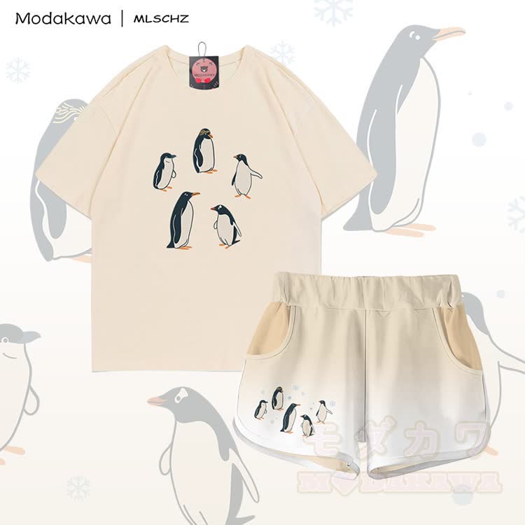 MODAKAWA X MLSCHZ Pinguin-Grafik T-Shirt aus 100 % Baumwolle, passende Shorts mit Farbverlauf - Aprikosen-Set - 5XL - image 2
