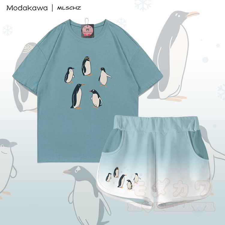 MODAKAWA X MLSCHZ Pinguin-Grafik T-Shirt aus 100 % Baumwolle, passende Shorts mit Farbverlauf - Mineralgrünes Set - 5XL - image 1
