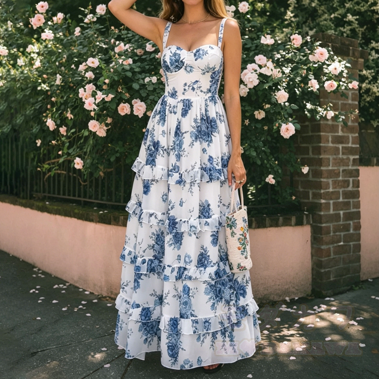 Blaues Maxikleid mit Blumenmuster, Spaghettiträgern und Stufenrüschen - image 2