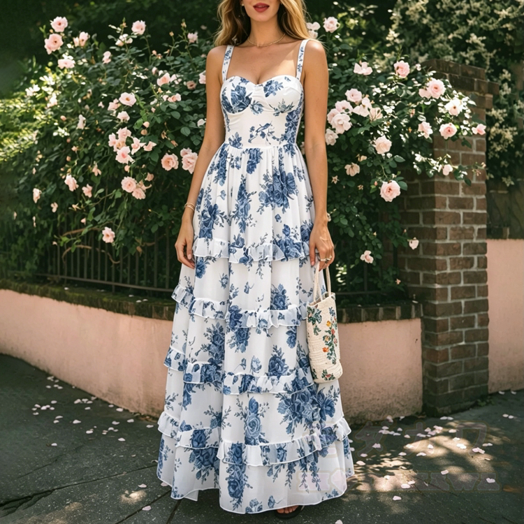 Blaues Maxikleid mit Blumenmuster, Spaghettiträgern und Stufenrüschen - image 1
