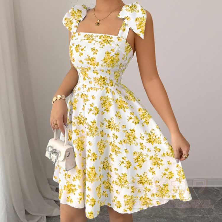 Minikleid in A-Linie mit Blumenmuster, eckigem Ausschnitt, Schleifenriemen und Blumenmuster - image 2
