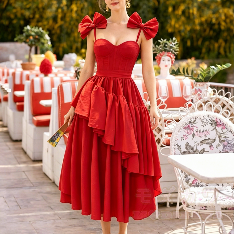 Midikleid mit Schleifenriemen, herzförmigem Ausschnitt und Rüschen - image 1