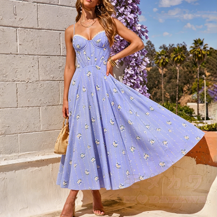 Midikleid mit Blumenmuster, Spaghettiträgern und Korsett-Oberteil - image 1
