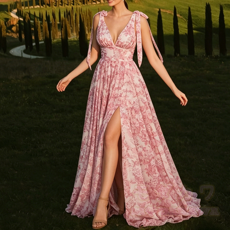 Maxikleid mit Blumenmuster, Bindebändern, V-Ausschnitt und hohem Schlitz, - image 1