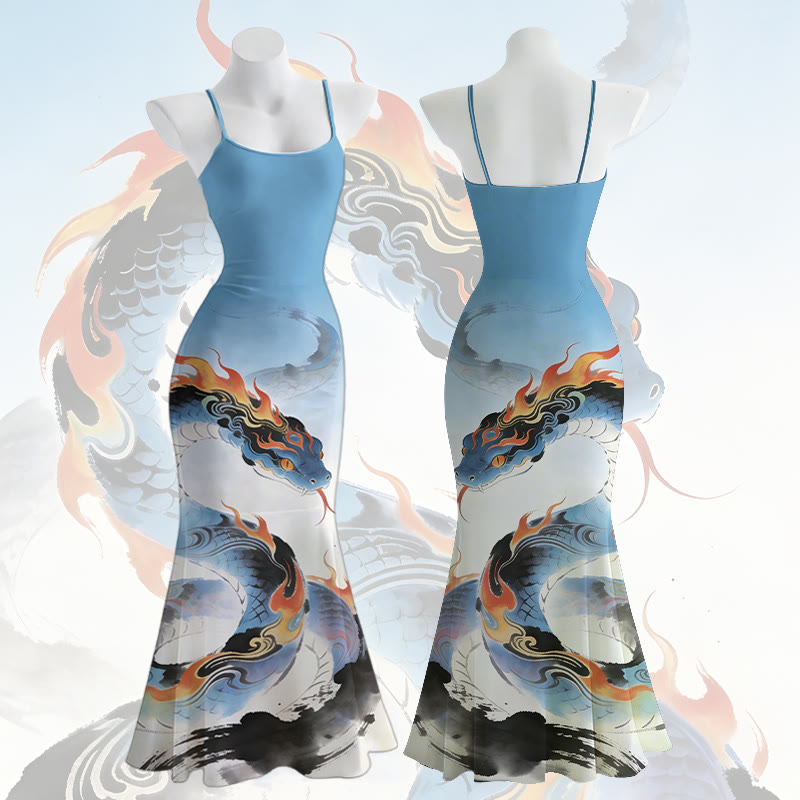Maxikleid im Meerjungfrauenstil mit Flammen- und Schlangenmuster und Spaghettiträgern - image 1