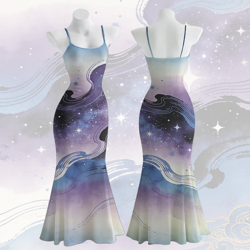 Maxikleid im Meerjungfrauenstil mit Galaxien-Grafik und Spaghettiträgern - image 1