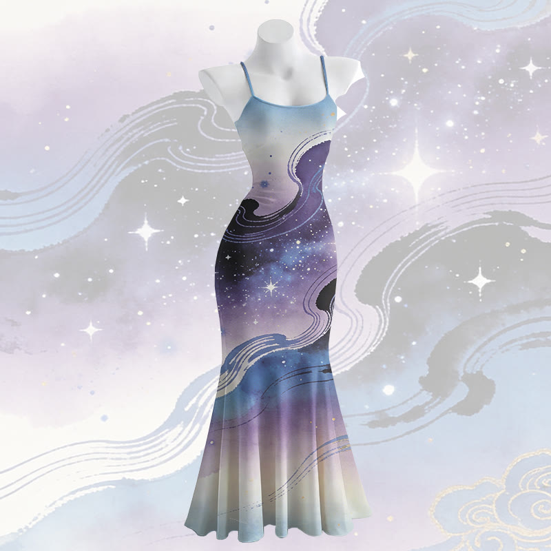 Maxikleid im Meerjungfrauenstil mit Galaxien-Grafik und Spaghettiträgern - Purple - 5XL - image 2