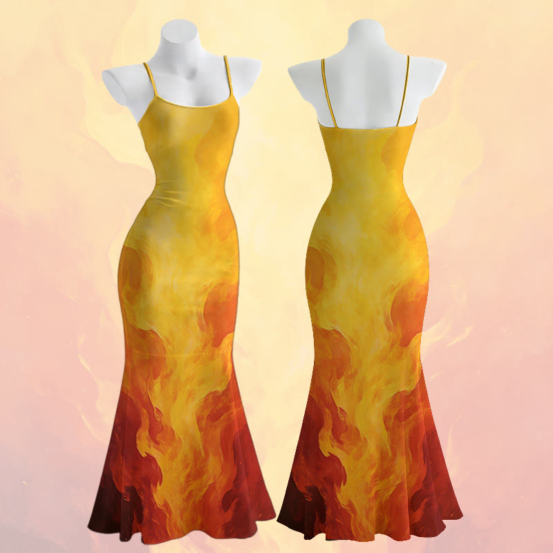 Maxikleid im Meerjungfrauenstil mit Farbverlauf und Flammenmuster, Spaghettiträgern - image 1