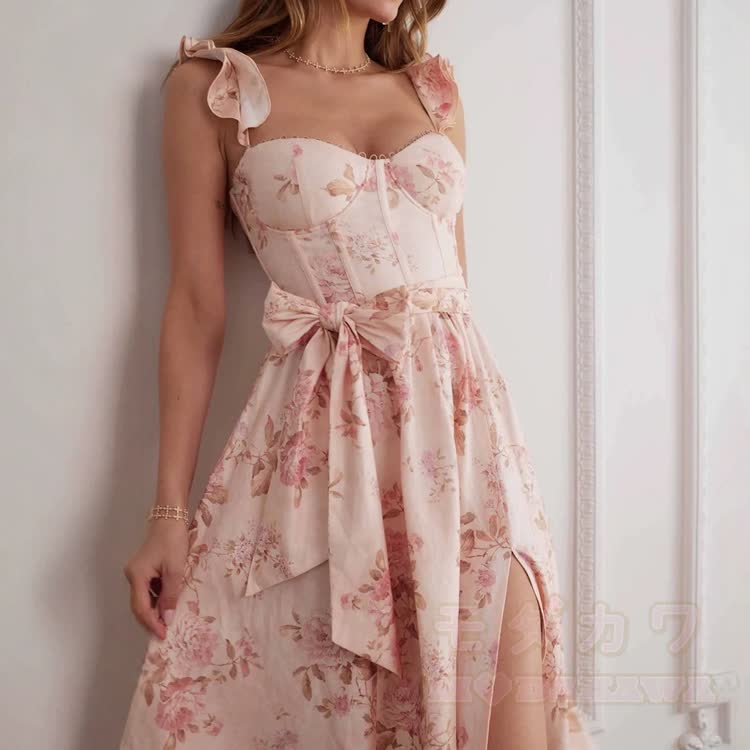 Rosa Midikleid mit Blumenmuster, Korsettschnürung an den Schultern, hohem Schlitz und hohem Beinschlitz - image 2