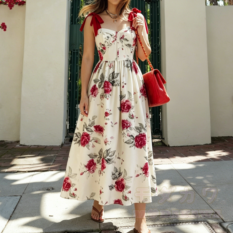 Rotes Rosen-Midikleid mit Schleife und Trägern, herzförmiger Schnitt - image 1