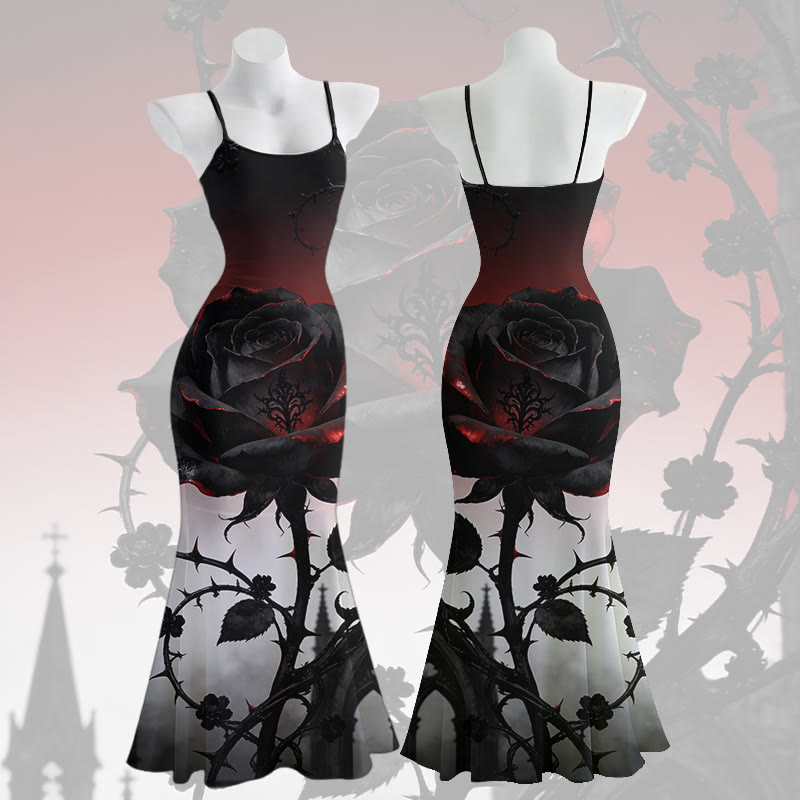 Gothic Rose Graphic Spaghetti Strap Maxi Mermaid Dress - image 1