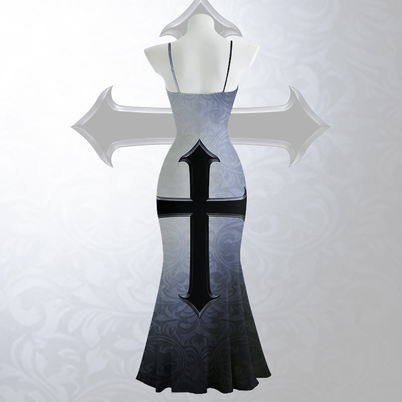 Gothic Cross Graphic Spaghetti Strap Maxi Mermaid Dress - image 3