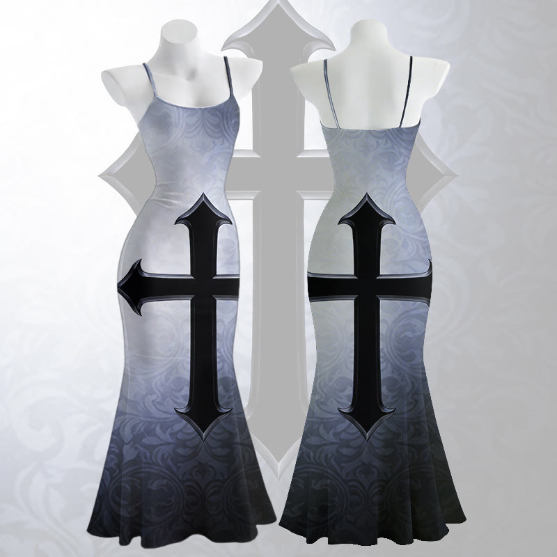 Gothic Cross Graphic Spaghetti Strap Maxi Mermaid Dress - image 1
