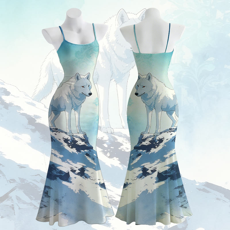 Maxikleid im Meerjungfrauenstil mit Wolfsmotiv und Spaghettiträgern - image 1
