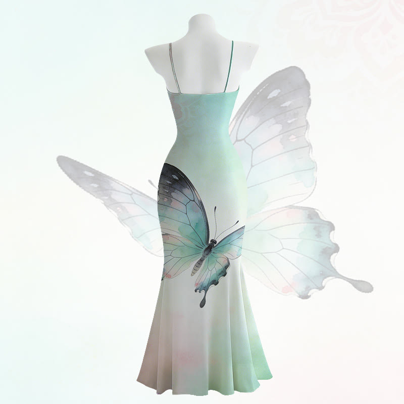 Maxikleid im Meerjungfrauenstil mit Schmetterlingsmotiv und Spaghettiträgern - image 3
