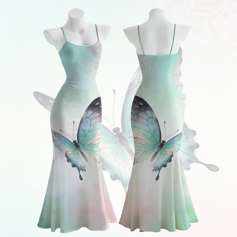 Maxikleid im Meerjungfrauenstil mit Schmetterlingsmotiv und Spaghettiträgern - image 1