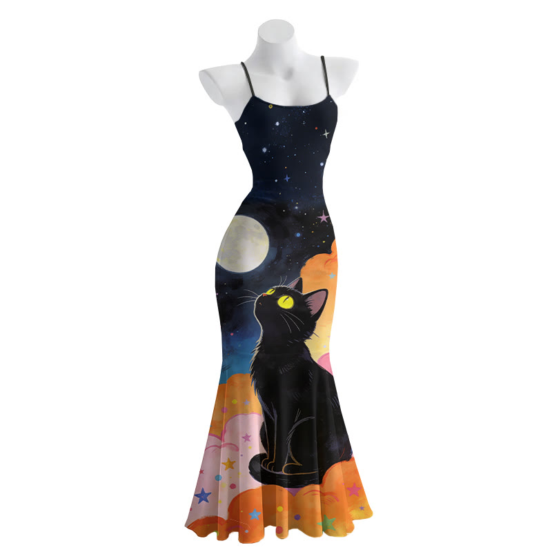 Katzen-Mond-Grafik Spaghetti-Träger Maxi Meerjungfrauenkleid - Black - 5XL - image 2
