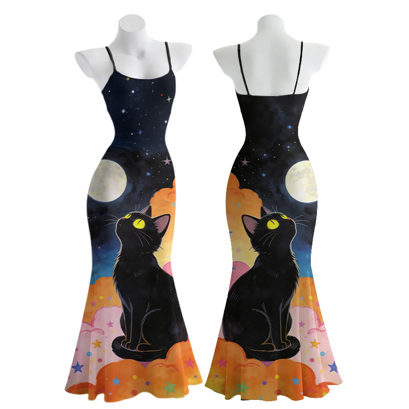 Katzen-Mond-Grafik Spaghetti-Träger Maxi Meerjungfrauenkleid - image 1