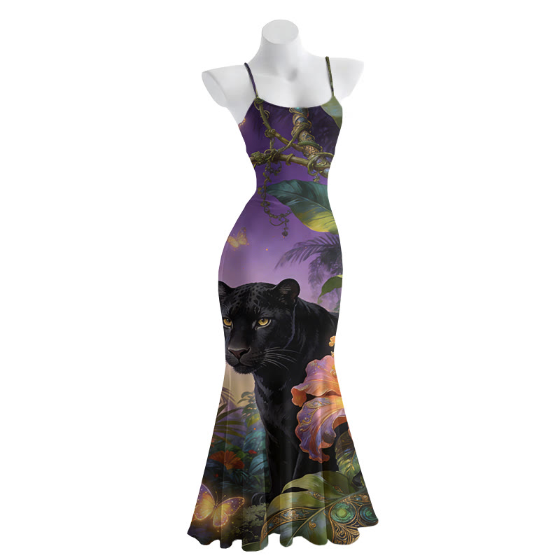Panther-Grafik-Maxikleid mit Spaghettiträgern im Meerjungfrauenstil - Purple - 5XL - image 2