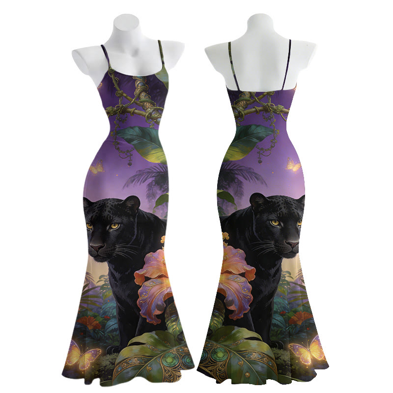 Panther-Grafik-Maxikleid mit Spaghettiträgern im Meerjungfrauenstil - image 1