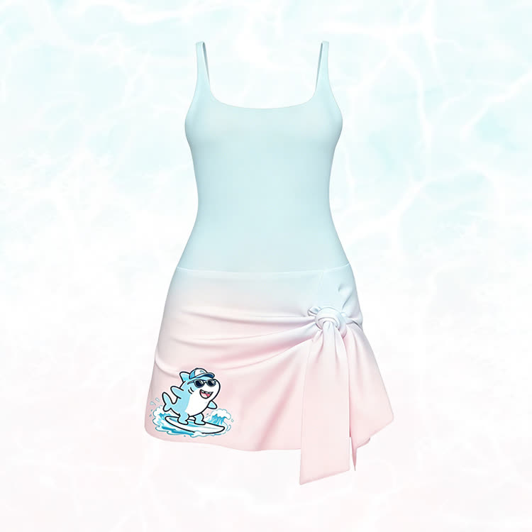 Modakawa Farbverlauf-Badekleid mit Cartoon-Hai-Grafik - Multicolor - 2XL - image 2