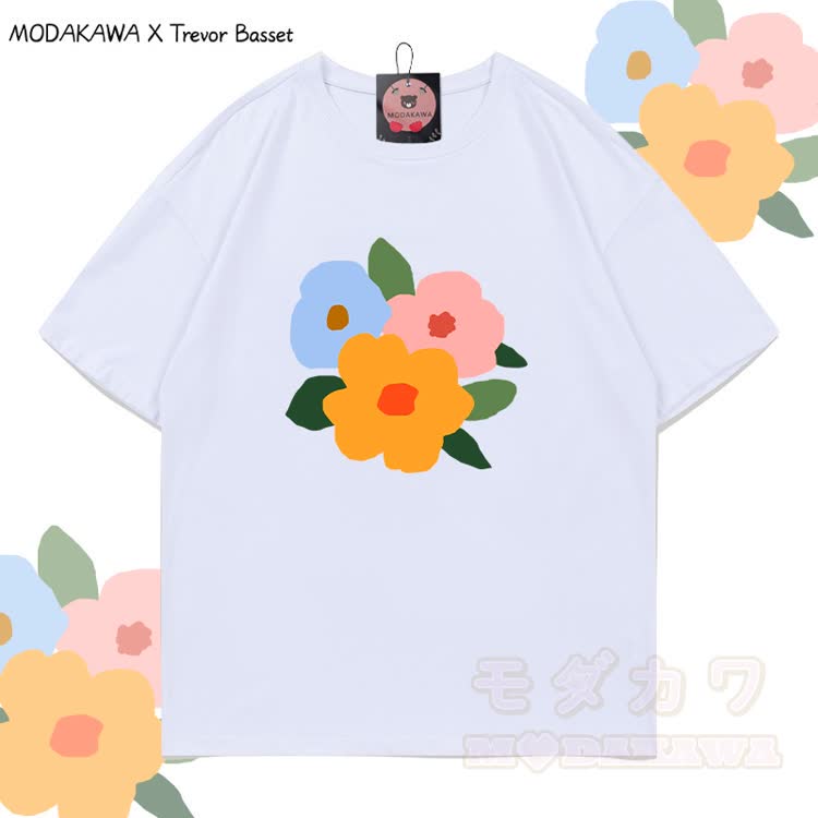 MODAKAWA X Trevor Basset Drei-Blumen-Grafik T-Shirt aus 100 % Baumwolle - Weiß - 5XL - image 2