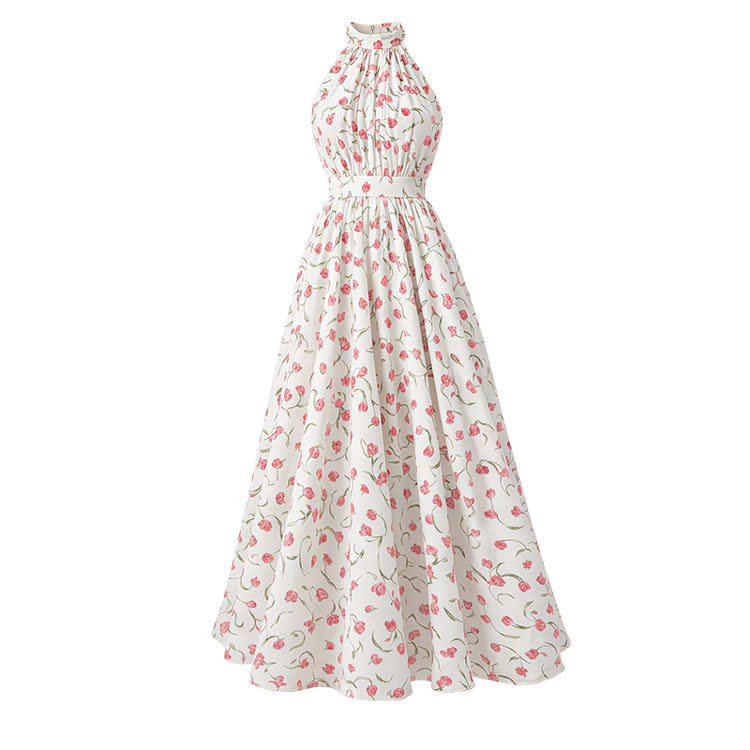 Ärmelloses, bedrucktes Neckholderkleid mit tailliertem Rock und weitem Rock - White - L - image 2