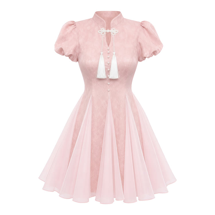 Minikleid aus Tüll im chinesischen Stil mit Quasten - Pink - XL - image 2
