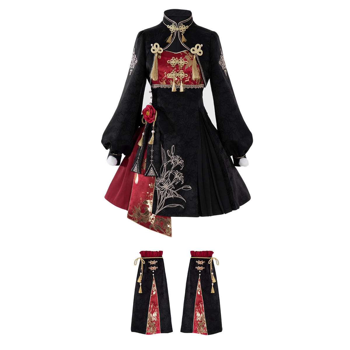 Vintage-Kleid mit Quasten, Blumenmuster und passendem Rock - Top+Dress+Skirt+Leg Warmers - L - image 1