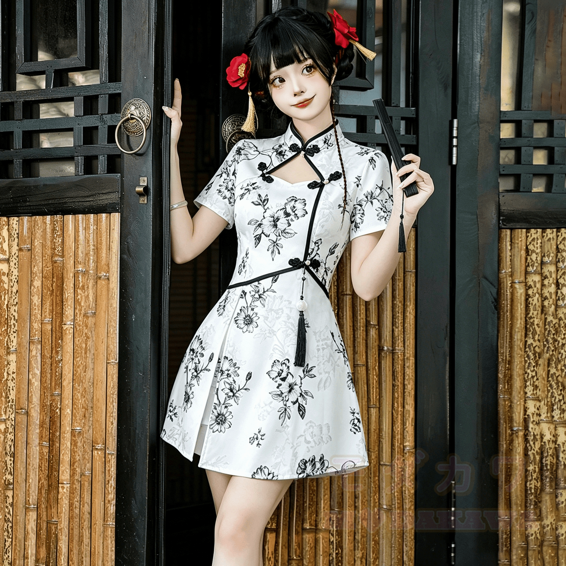 Vintage Cheongsam-Kleid mit Blumenmuster und Quasten, zweiteiliges Set aus Kleid und Shorts - image 1