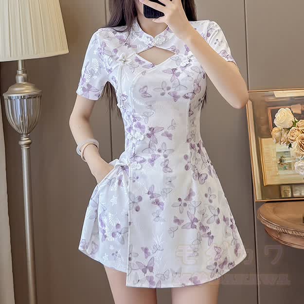 Vintage Cheongsam-Kleid mit Schmetterlingsschnalle und Shorts, zweiteiliges Set - Lila - 3XL - image 2