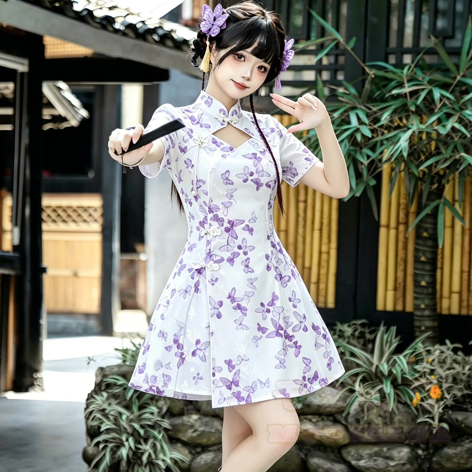 Vintage Cheongsam-Kleid mit Schmetterlingsschnalle und Shorts, zweiteiliges Set - image 1