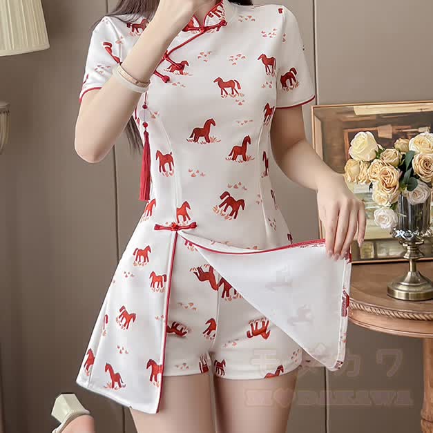 Vintage Cheongsam-Kleid und Shorts mit Pferdequasten-Schnalle, zweiteiliges Set - Weiß - 3XL - image 2