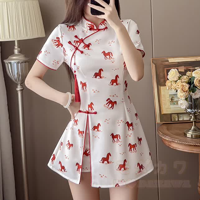 Vintage Cheongsam-Kleid und Shorts mit Pferdequasten-Schnalle, zweiteiliges Set - image 3
