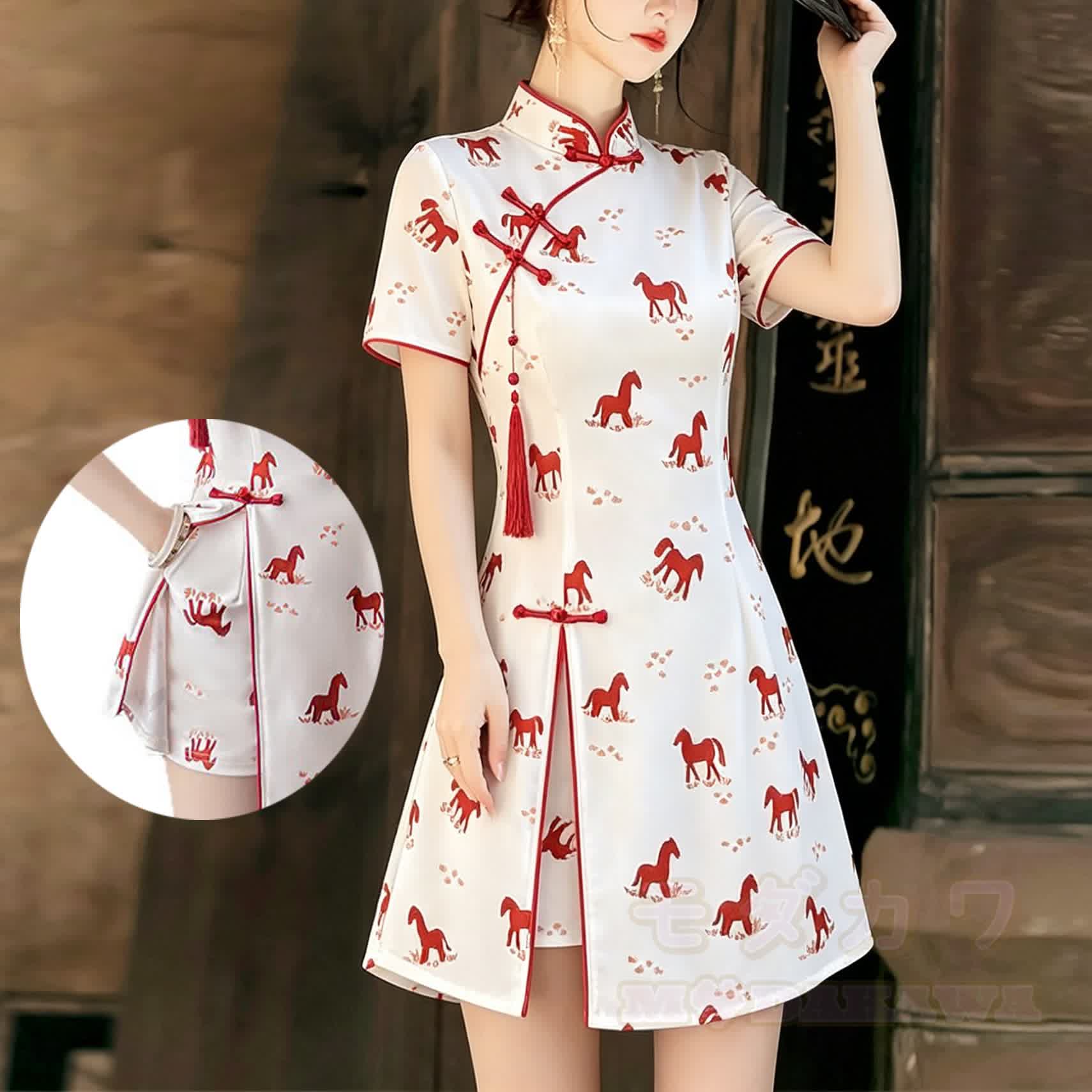 Vintage Cheongsam-Kleid und Shorts mit Pferdequasten-Schnalle, zweiteiliges Set - image 1