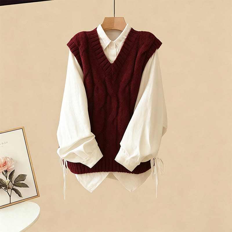 Strickweste, Schnürhemd, karierte Jeans, passendes Outfit - Vest+Shirt - XL - image 2