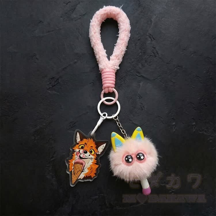 MODAKAWA X atka Fuchs isst Eiscreme Flauschige Katze Schlüsselanhänger Geburtstagsgeschenk - image 1