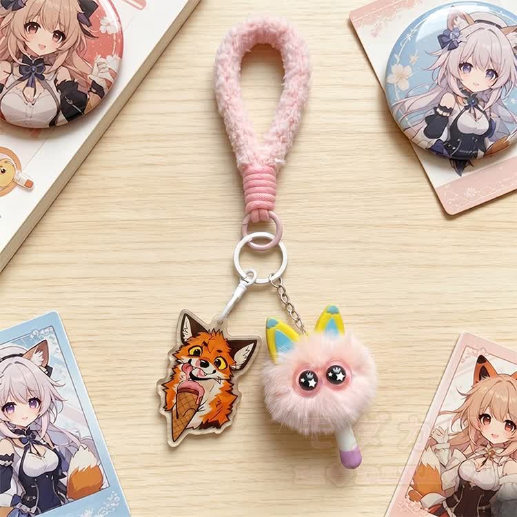 MODAKAWA X atka Fuchs isst Eiscreme Flauschige Katze Schlüsselanhänger Geburtstagsgeschenk - image 2