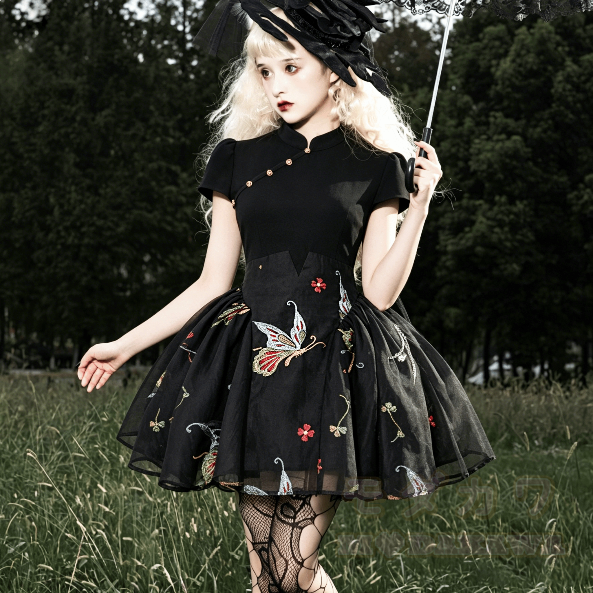 Vintage-Kleid aus besticktem Netzstoff mit Schmetterlingsmotiv - image 1